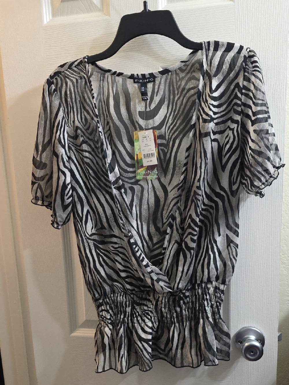 F.A.N.G Black and White Sheer Zebra Print Surplice Peplum Blouse Size L
